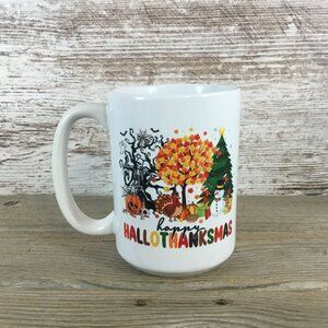Happy HalloThanksMas 15 oz Ceramic Mug – Seasonal Trees and Holiday Icons Design